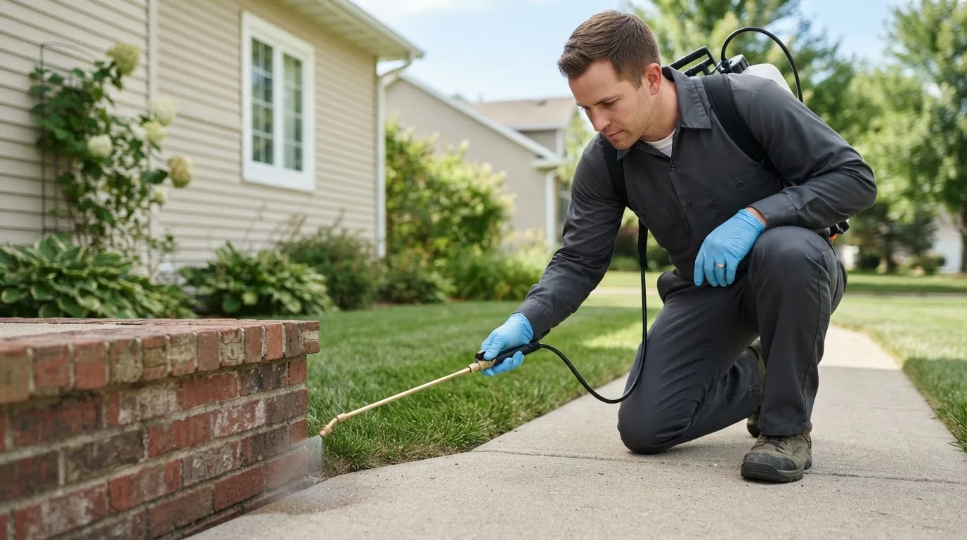 Pest control technician treating a home near Billings, MO
