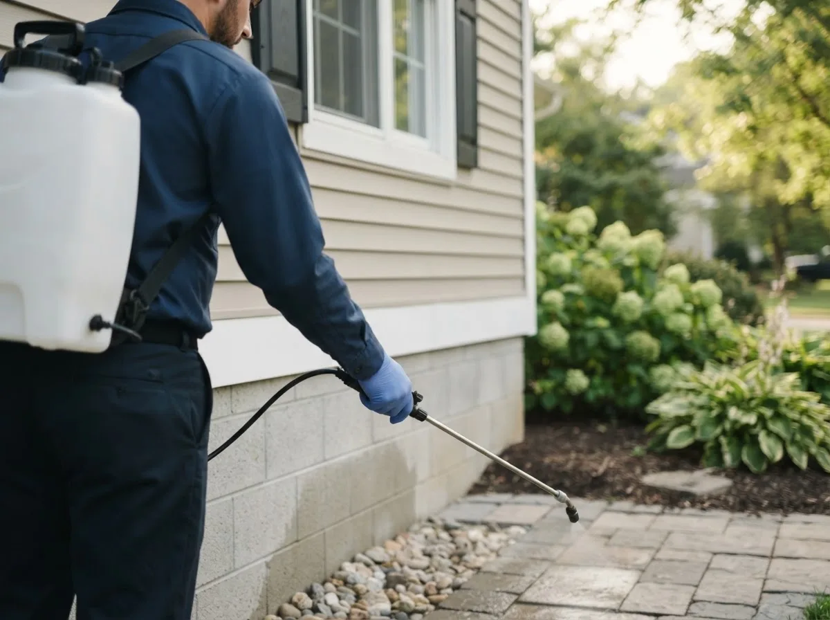 Pest control technician inspecting a home in Billings, MO